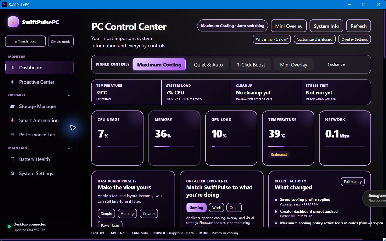 SwiftPulsePC dashboard showing live system metrics, temperature diagnostics, and cooling controls