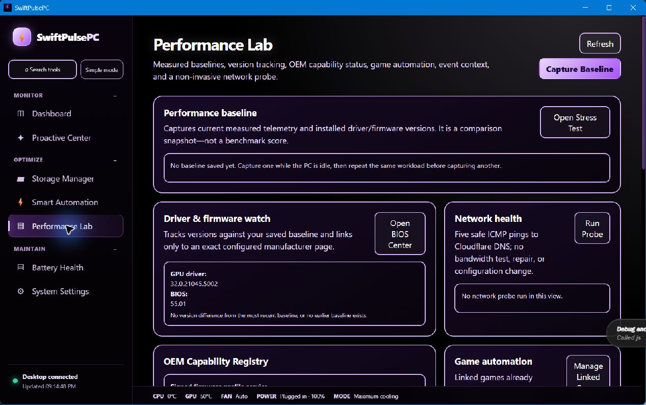 Live SwiftPulsePC Performance Lab showing baselines, driver watch, network health, and OEM capabilities