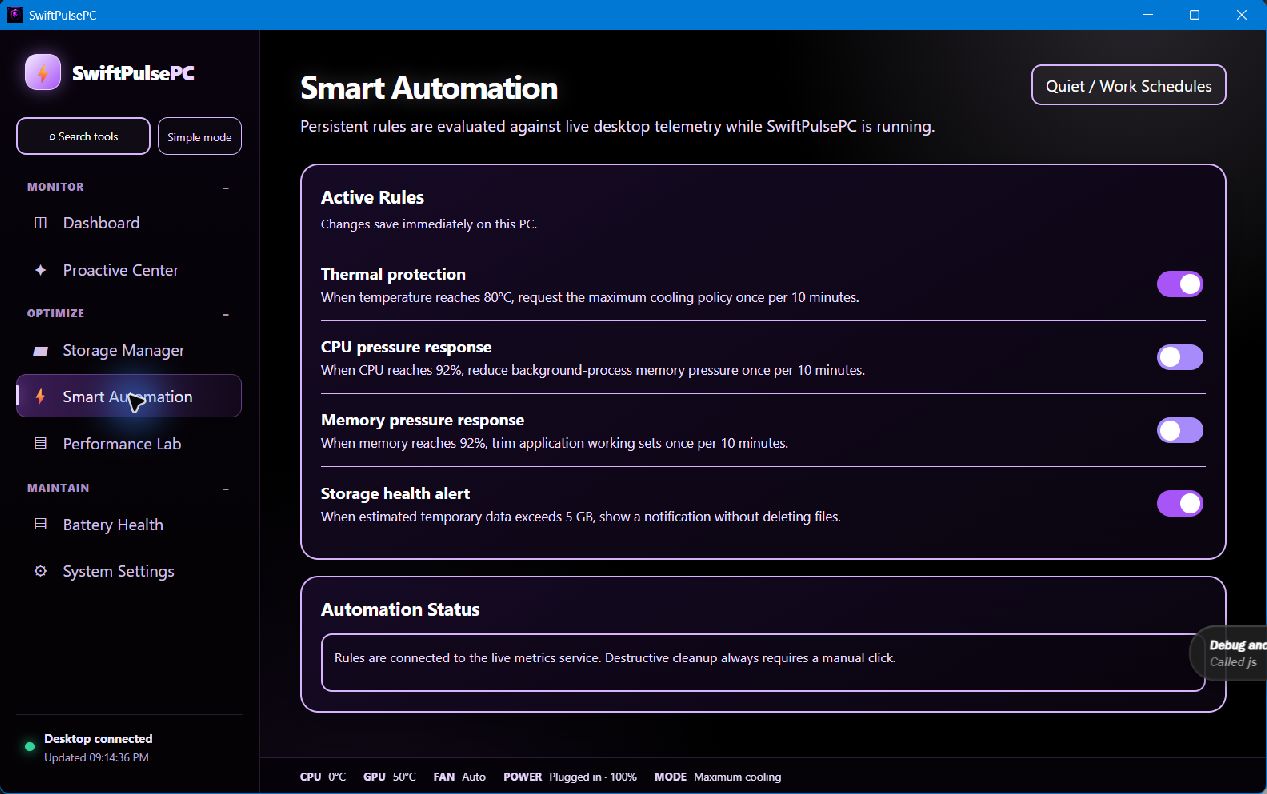 Live SwiftPulsePC Smart Automation screen showing thermal, CPU, memory, and storage rules