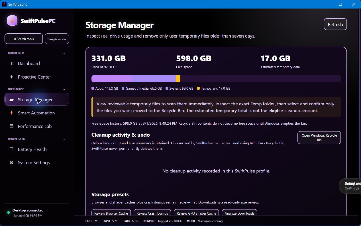 Live SwiftPulsePC Storage Manager showing drive usage and review-first cleanup controls