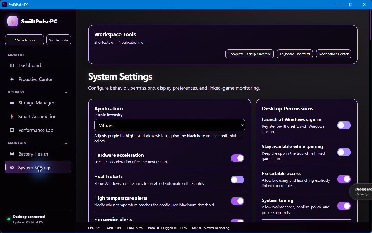 Live SwiftPulsePC System Settings showing purple theme, alerts, permissions, and tuning controls