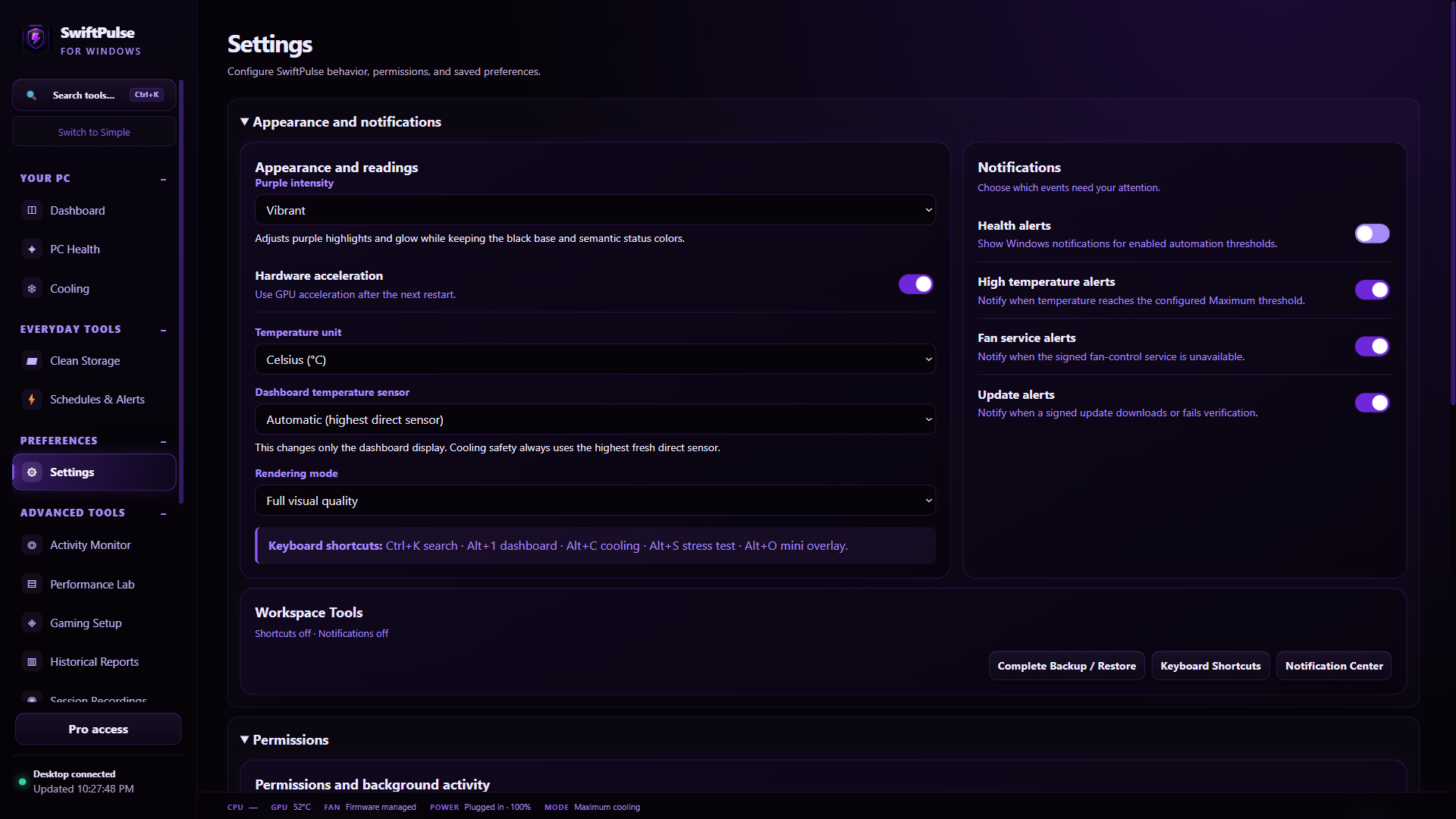 SwiftPulsePC 1.9.13 Settings showing appearance, notifications, and workspace tools